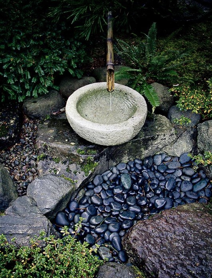 arbustes, galets, gravier et pierres couvrant le sol d un jardin zen, source d eau, idée de décoration zen