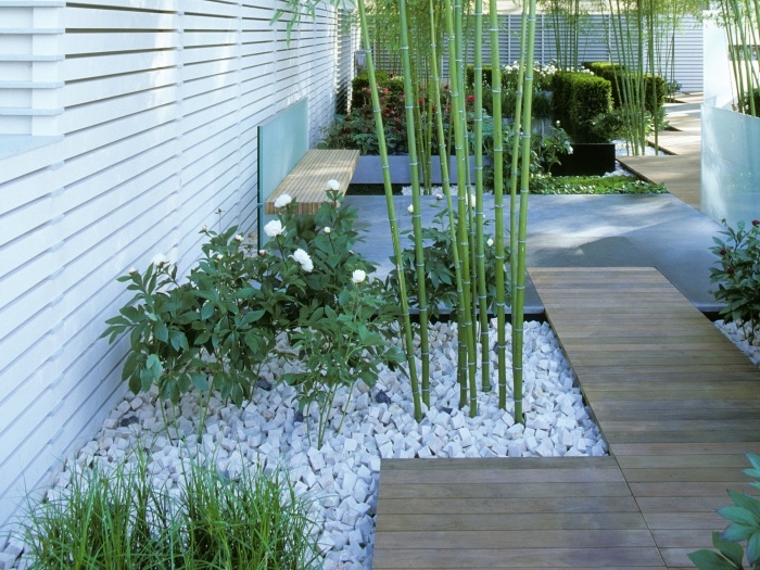 decoration zen dans un jardin moderne, dalles en pierres et pierres deco, fleurs, buis, bambou et cloture en bois