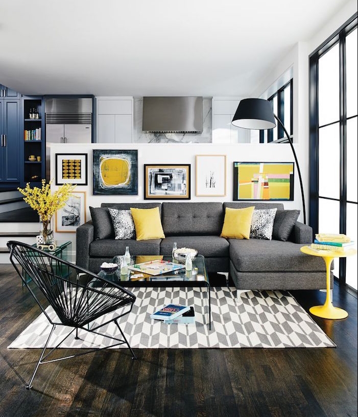 salon design moderne et vintage coloré sombre avec meubles