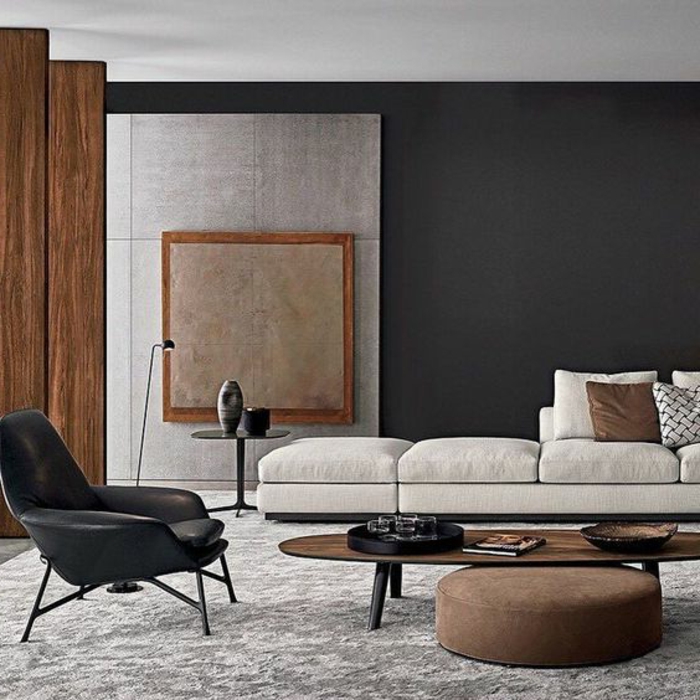 idée aménagement salon, chaise noire, table en bois et tabouret marron clair, tapis gris