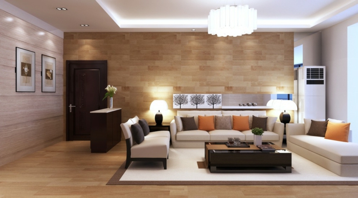 idée deco salon,lambris de bois, table rectangulaire, sofas beiges, tapis moderne