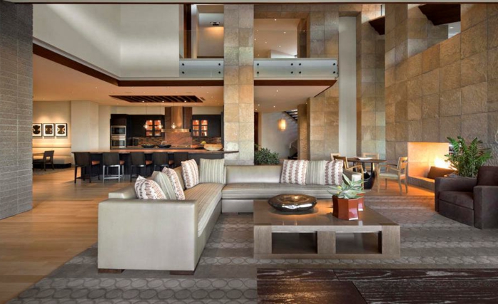 idée deco salon moderne, villa moderne, cuisine ouverte sur salon, table carrée, canapé d'angle
