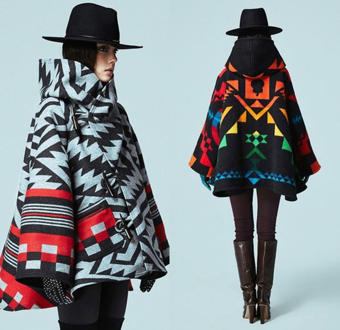imprimé ethnique, joli manteau d'hiver style poncho, motifs bariolés, chapeau avec périphérie noire