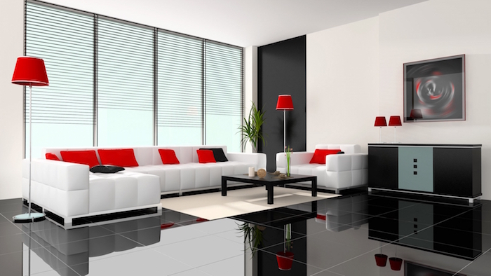 séjour moderne décoration sobre canapé luxe blanc rouge noir