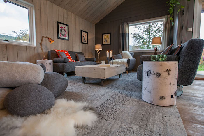 deco nordique, revêtement de mur en bois clair, canapé en tissu gris foncé, table basse en bois, lampe de chevet en bois