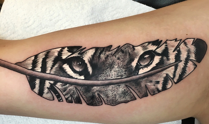 idée tatouage femme, dessin sur la peau, tatouage sur le bras à design plume et regard de tigre
