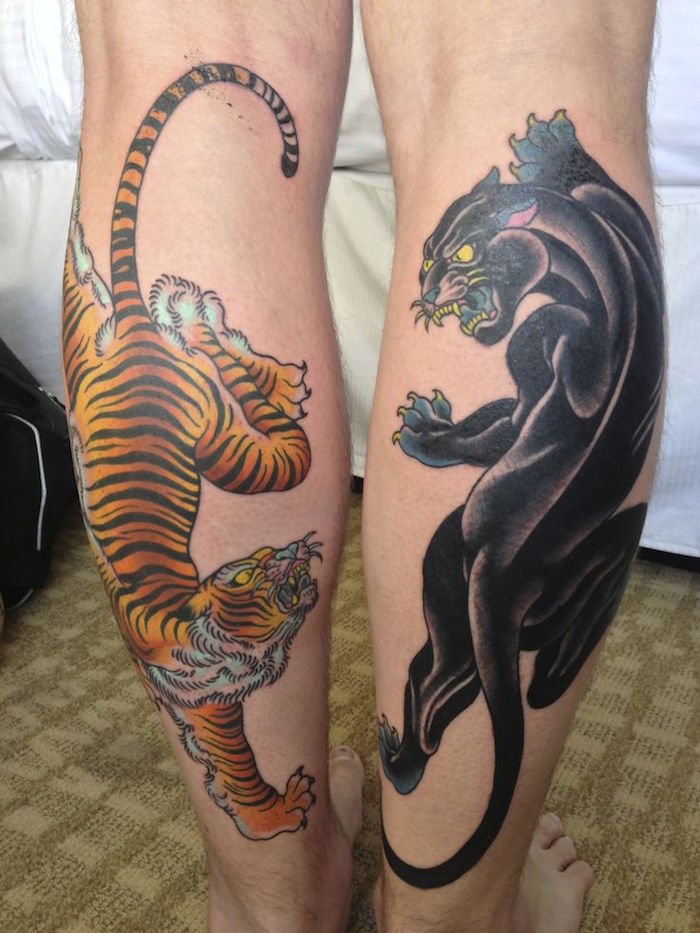 tatouage jambe homme symbole japonais tattoo tigre panthère noire