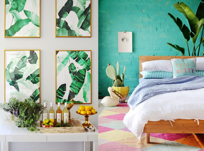 papier peint tropical, tête de lit en bois, mur en briques peint en turquoise, cadres photo dorés, cactus dans pot jaune