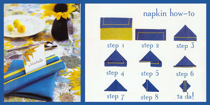 pliage de serviette en papier facile, nappe de table à motifs floraux multicolore, serviette bleu et jaune