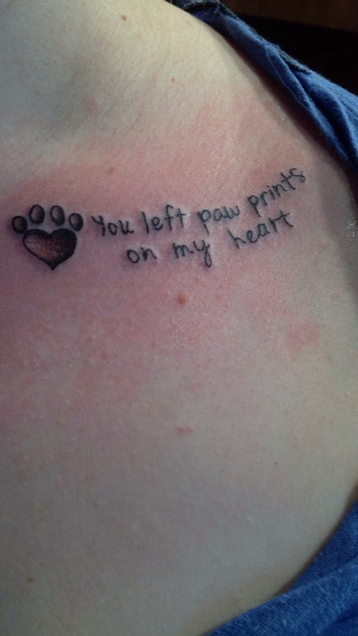 patte de chat tatouage, script sentimental, exprimant l'amour pour son chat