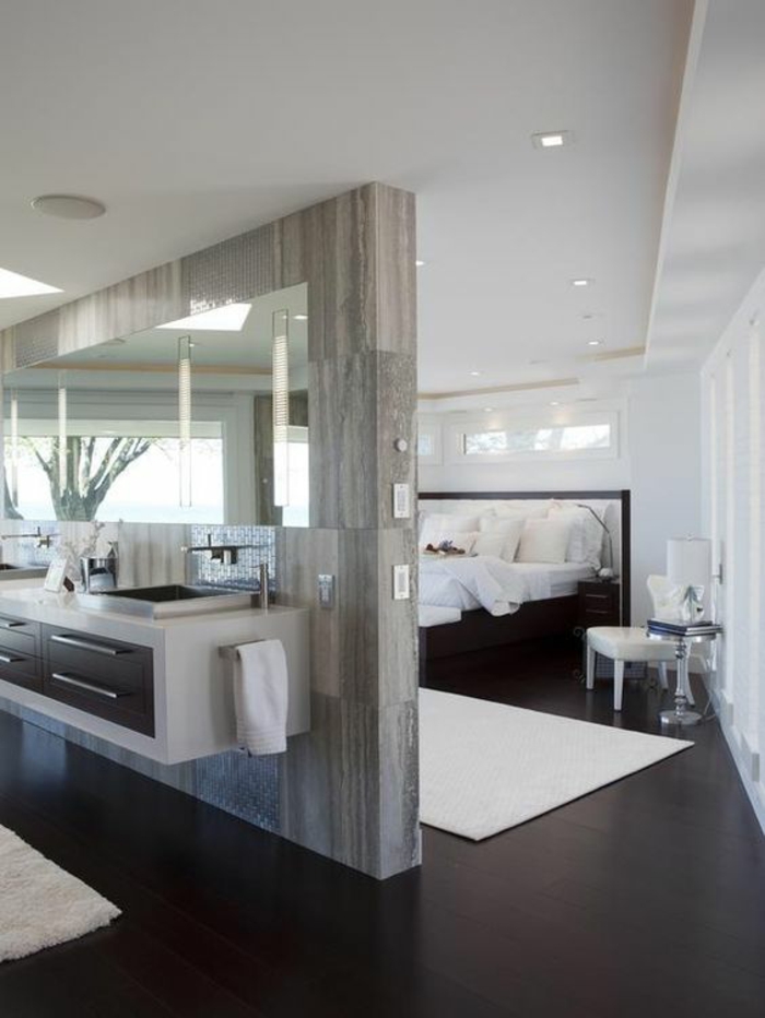 gris perle couleur nuance nacrée séparateur d espace avec meubles integrés dans un grand salon 