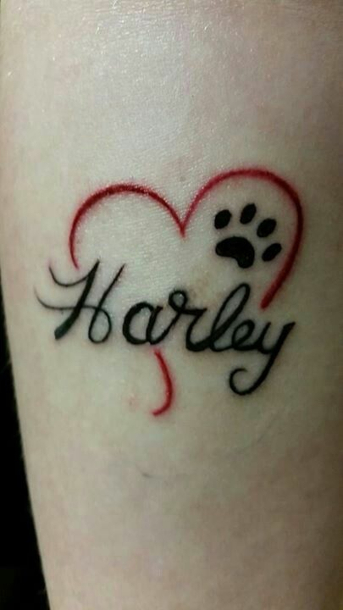 petit tatouage femme, coeur rouge, patte noire et prénom tatoué