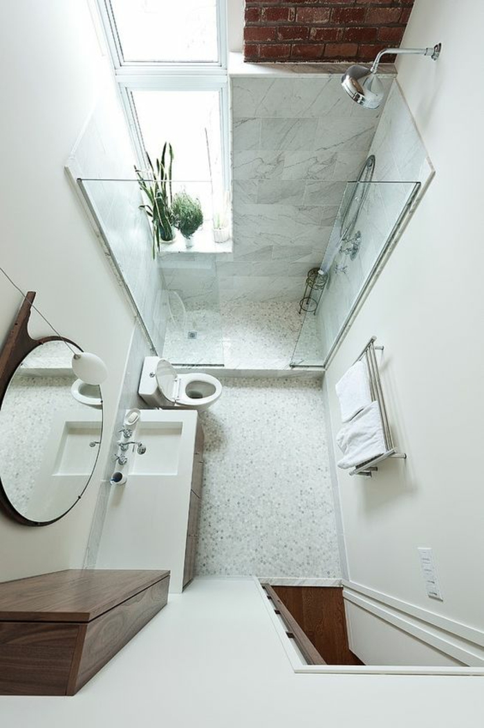 salle de bain petite douche italienne verre transparent haut plafond