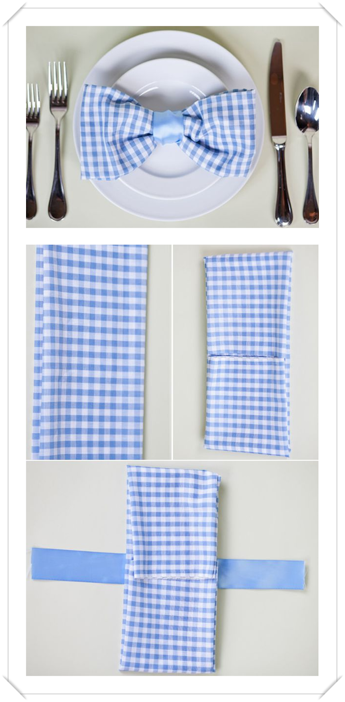 pliage serviette papillon, comment faire un papillon de serviette en tissu carré bleu et blanc, couverts de table et assiettes rondes