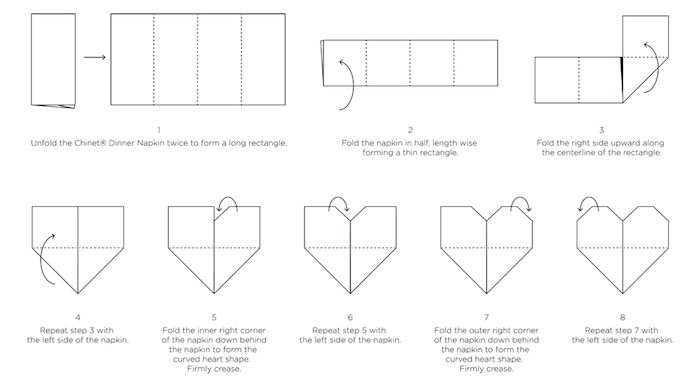 decoration de table, schéma avec modèle de pliage coeur, origami avec serviette en papier ou tissu 