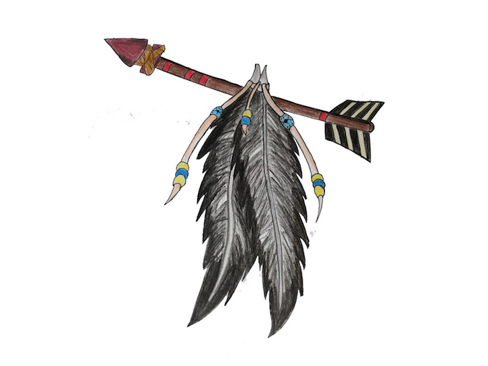  signification tatouage, dessin en couleurs motifs amérindiens, flèche avec plumes noir et gris