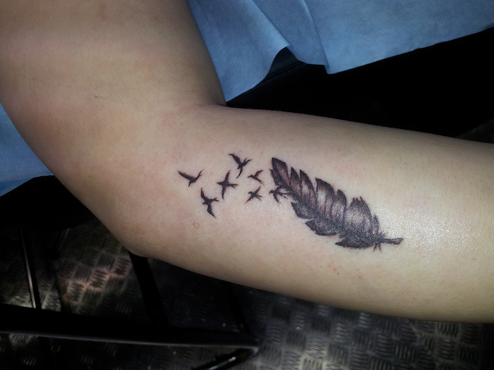 tatouage plume, dessin en encre sur le bras, tatouage avec plume et petits oiseaux volants