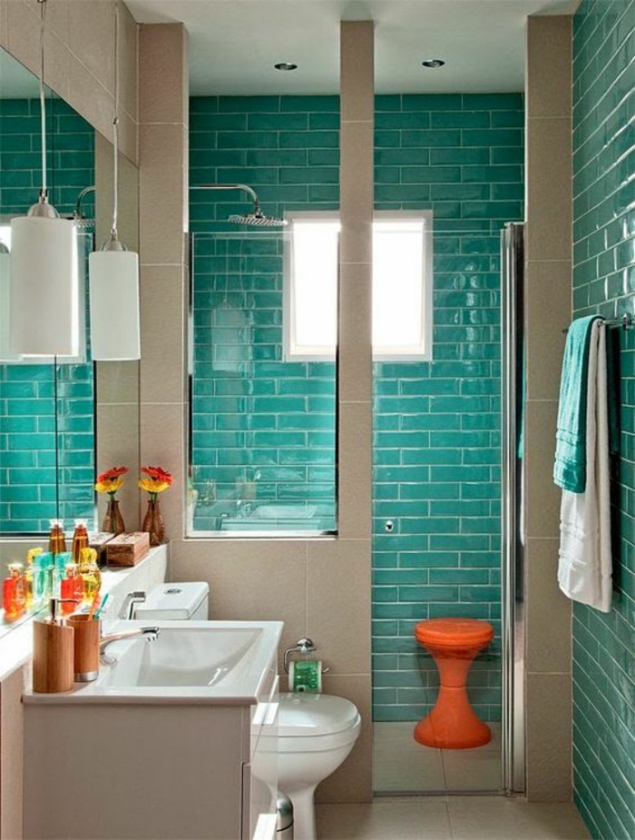 petit salle de bain en vert et beige briques vert océan et niche douche espace optimisé