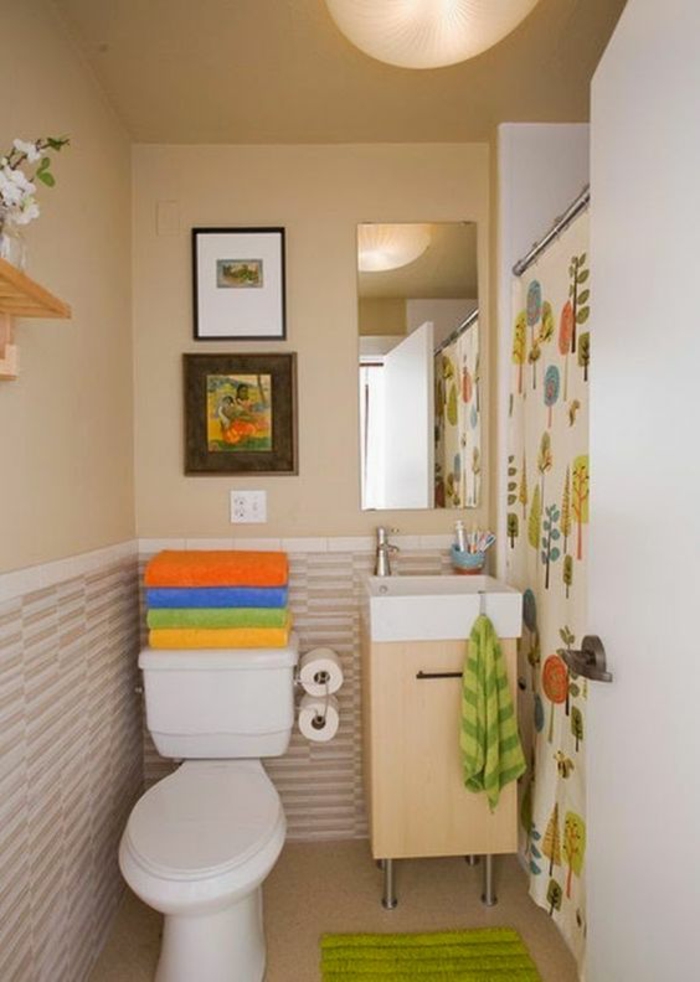 petite salle de bains aux couleurs et aux motifs joyeux avec des tableaux miniatures