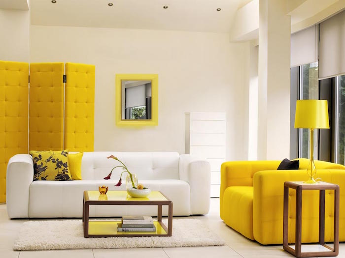 décoration design salon style vintage avec meubles vintage canapé jaune année 70