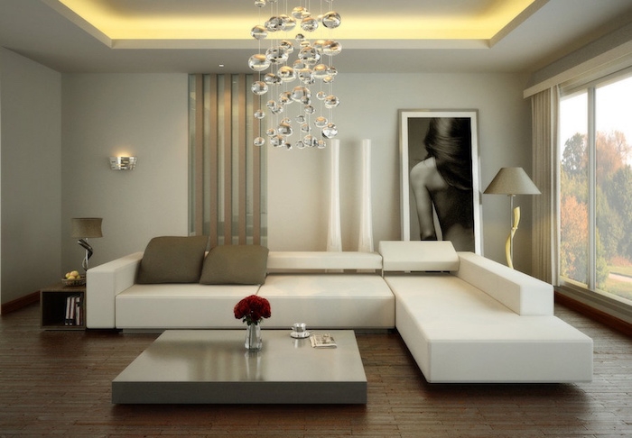 meuble salon moderne design grand canapé lustre decoration