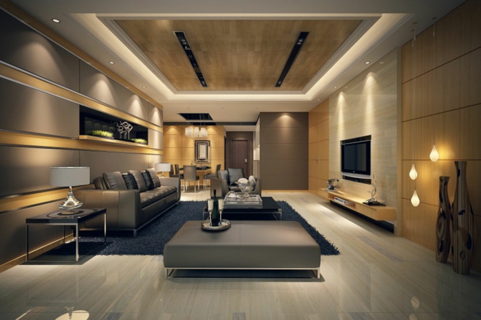 salon moderne, éclairage cotemporain, sofa gris, grande table carrée-lampes-suspendues
