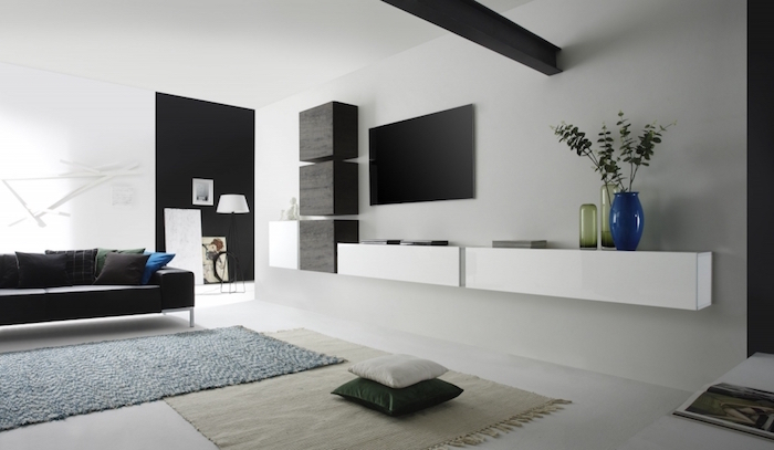 salon moderne avec etagere design et meuble de salon pour décoration séjour minimal style scandinave noir et blanc