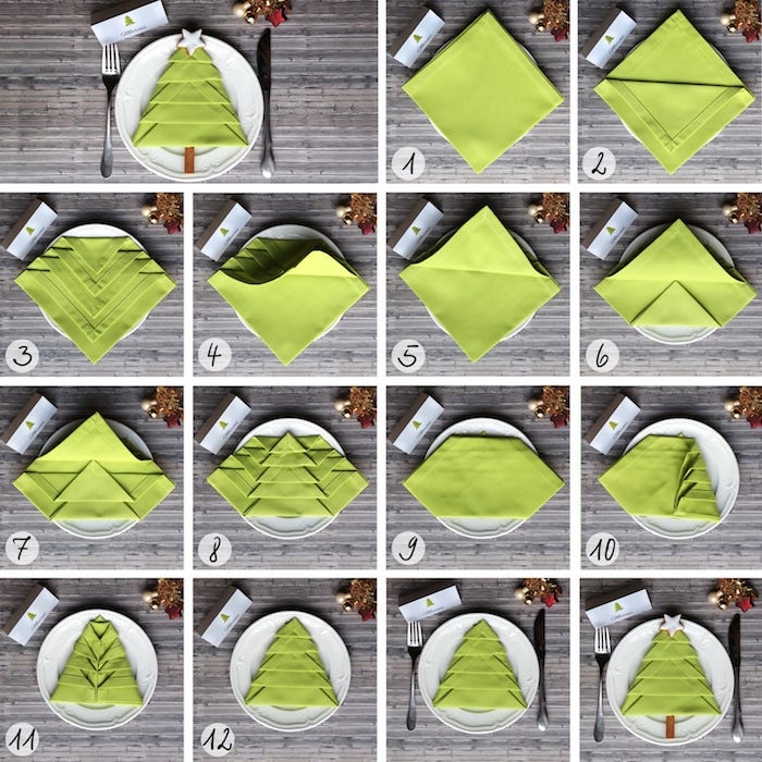 instructions pour créer une déco de table de Noel, pliage de serviette en tissu vert, guide avec photos