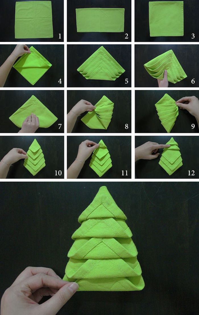 nappe de table en tissu vert, comment plier une serviette en forme de sapin, tutoriel avec photos