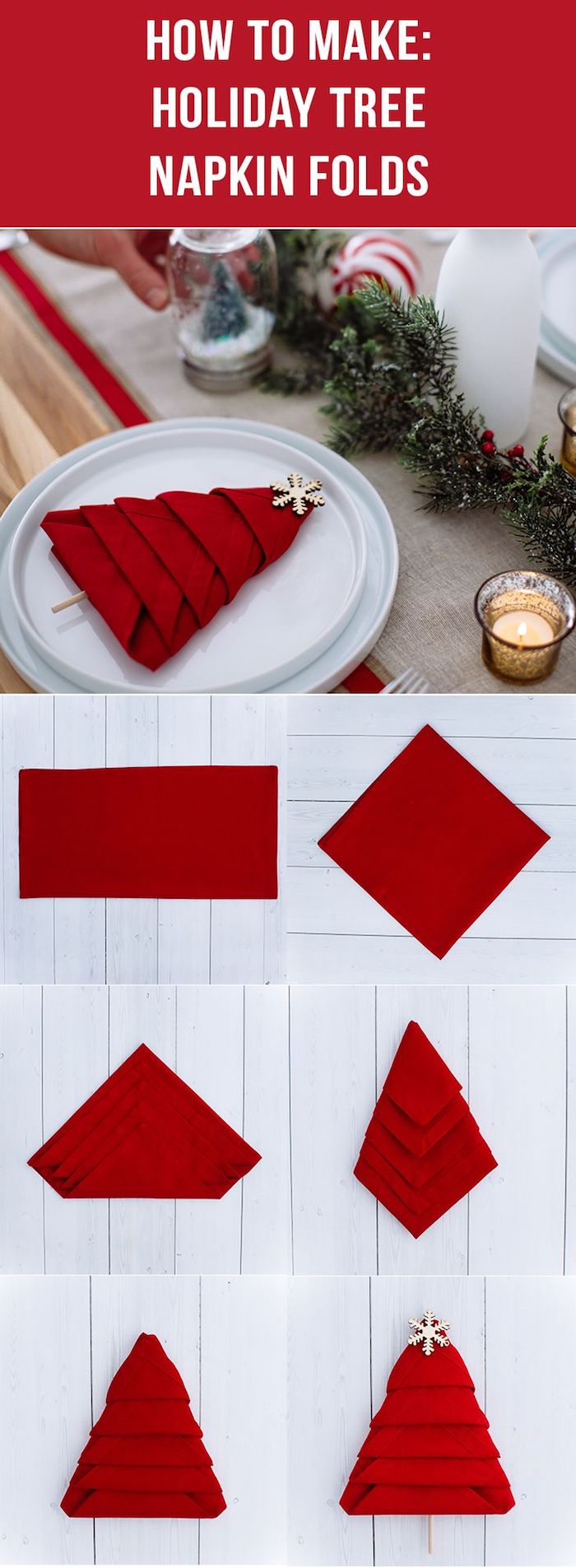 pliage de serviette, déco de table de Noël, sapin en serviette rouge, arrangement de table de noel