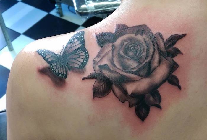 tatouage papillon 3d, dessin sur la peau à motif rose et papillon, art corporel à motifs nature