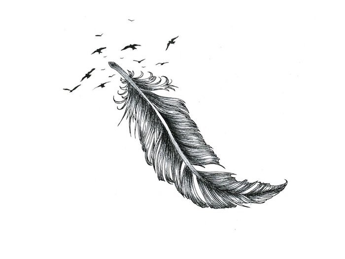 tatouage plume, dessin de plume et des oiseaux volant en crayon noir, idée design tatouage unique