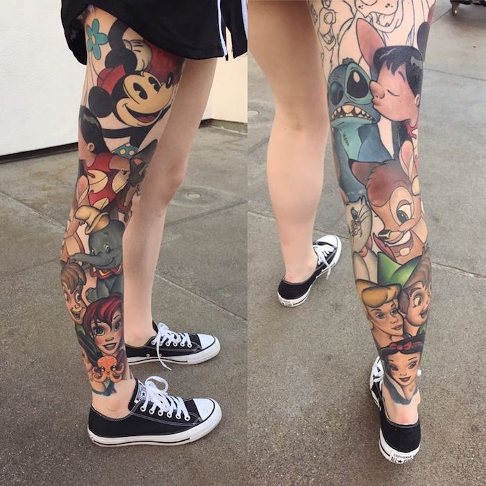tatouages mollet femme tattoo jambe femme entière motif micky mouse dessin animé