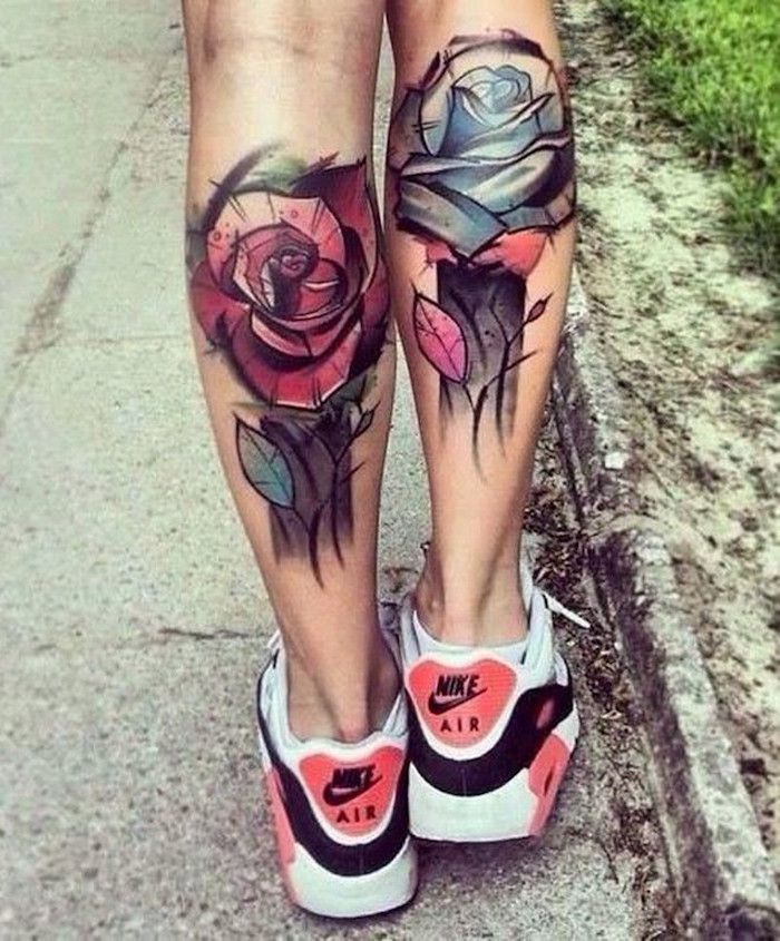 tatouages mollets roses abstrait design tatouage rose jambe aquarelle