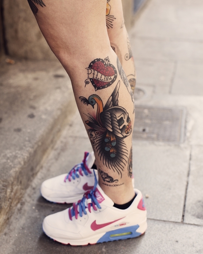 tatouage mollet femme old school idée modele tattoo jambe vintage