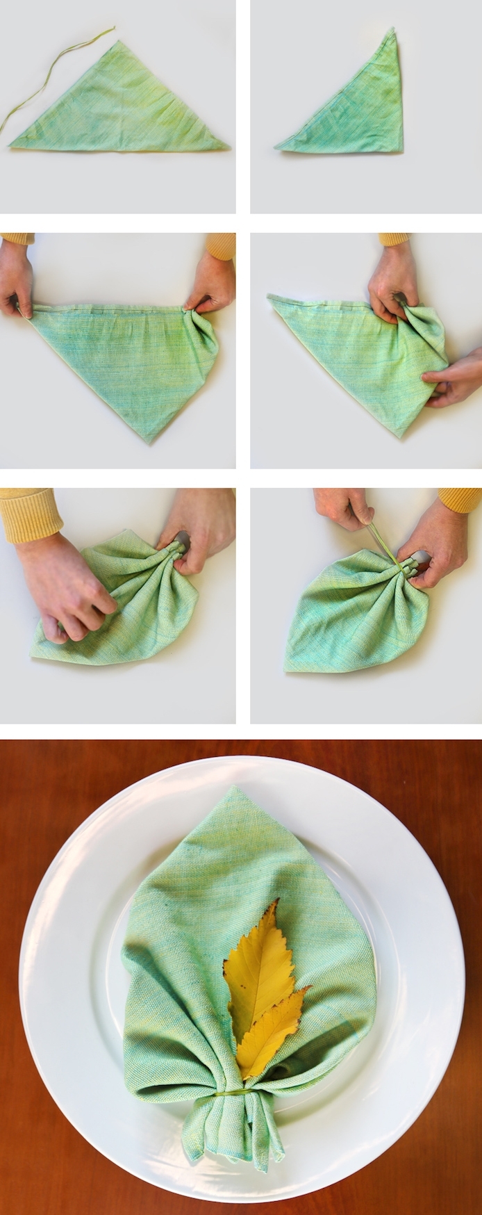images avec instructions pour apprendre à plier une serviette, déco de table avec serviette verte en forme de feuille