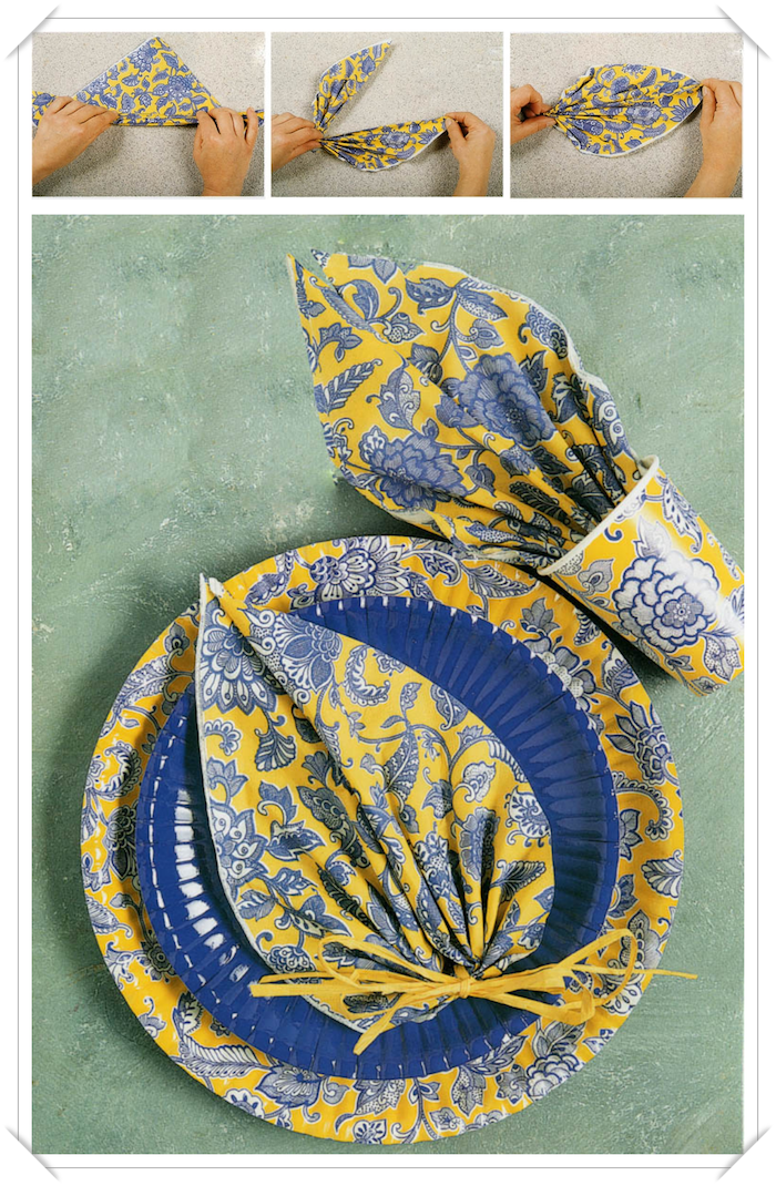 étapes à suivre pour plier une serviette, déco de table avec serviette bleu et jaune en forme de feuille