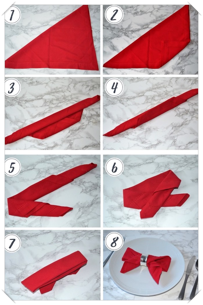 instruction pour plier une serviette, déco de table en forme de ruban, pliage de serviette rouge