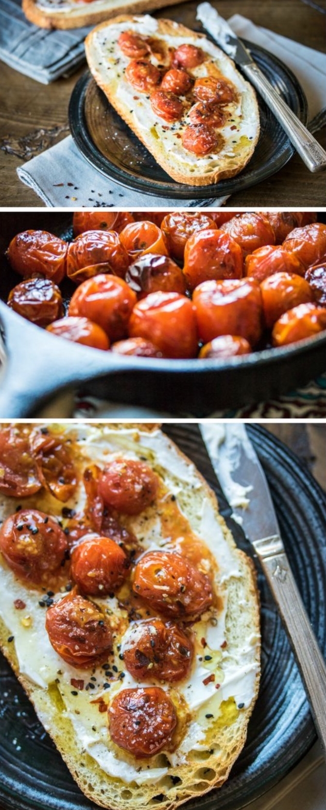 idée de recette de tapas, exemple recette facile et rapide, pain tartiné de mascarpone avec des tomates cerise rôtis au four et épices