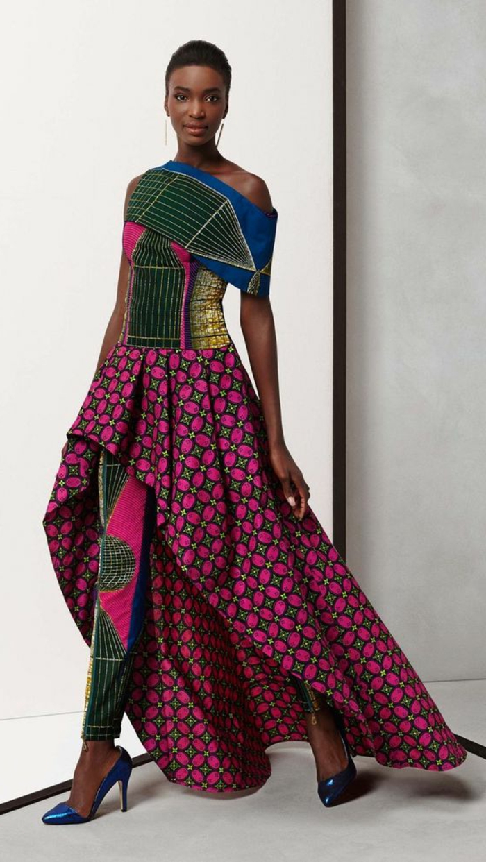 vêtements femme originaux, tenue en vert et lilas tissu wax, pantalon wax patterns africains