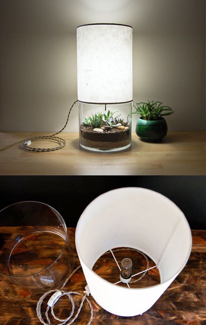 idée pour créer une lampe terrarium, récipient en verre avec terre et plante succulent