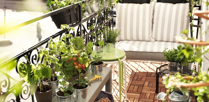 aménager sa terrasse, petit balcon avec revêtement en bois, canapé, assise bris et blanc, plantes vertes, tables basses, potager balcon