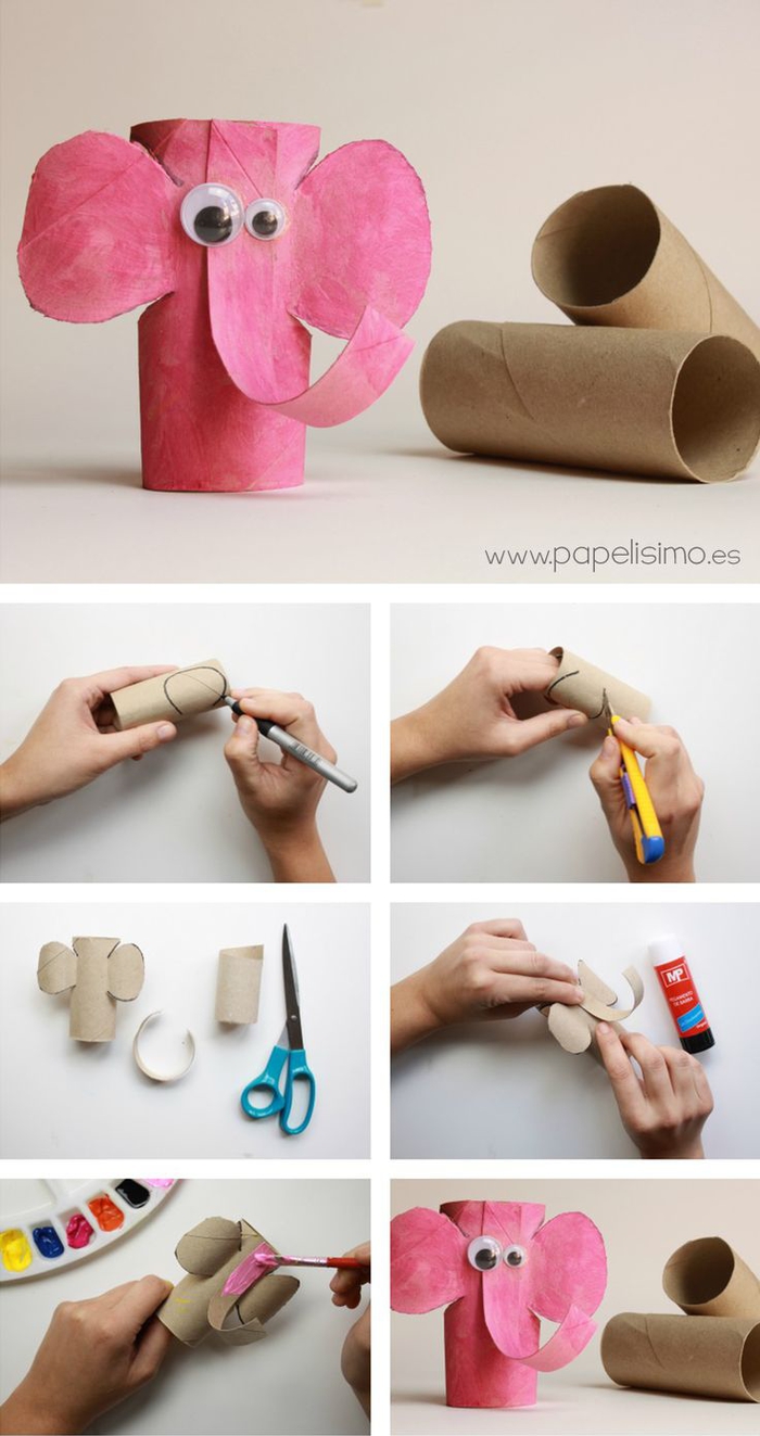dée pour un bricolage en papier maternelle, un éléphanteau réalisé à partir de tubes en ccarton 