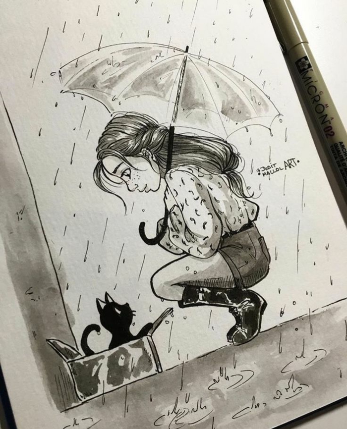 Idee dessin jeune fille dessin fille swag image de dessin d’une fille parapluie et chaton 