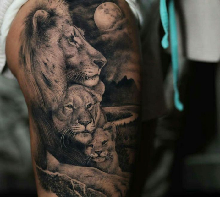 Tatouage de lion homme symbole lion le signe astrologique du lion dessin lion lionne et son enfant