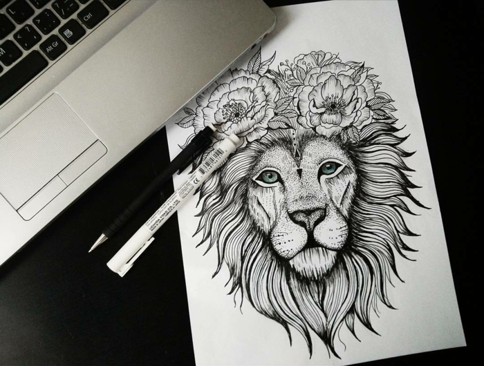 Symbole fraternité tatouage tatouage lion epaule artistique couronne de fleur tatouage lion avec couronne de fleurs pivoines