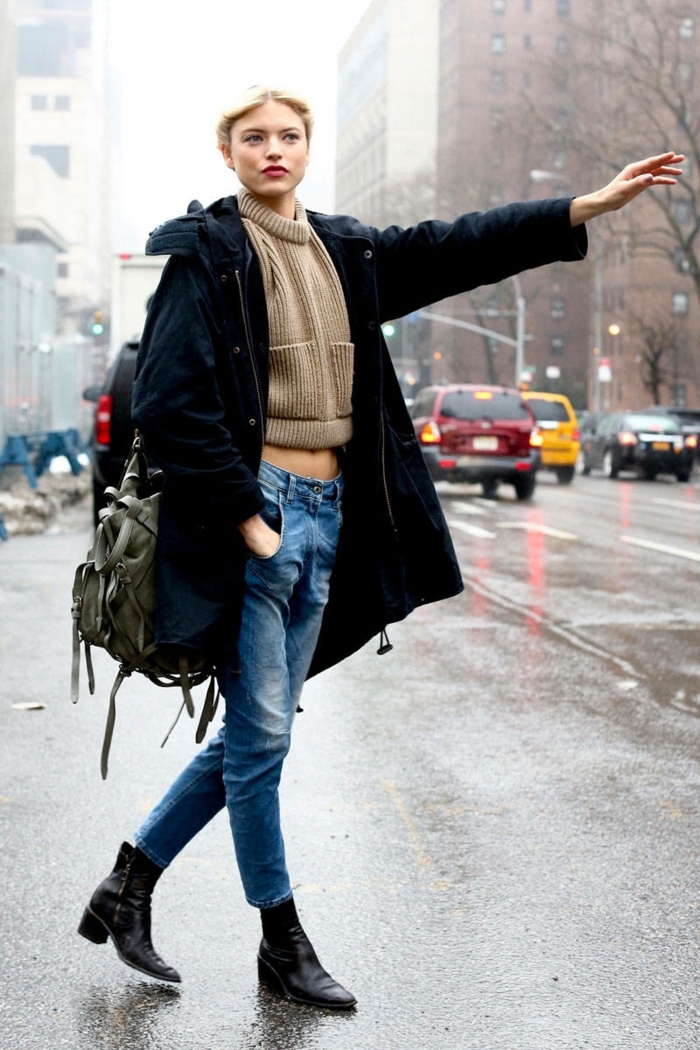 Idée tenue jean noir combat boots homme bottes cuissardes plates une new yorkais femme bien habillée automne