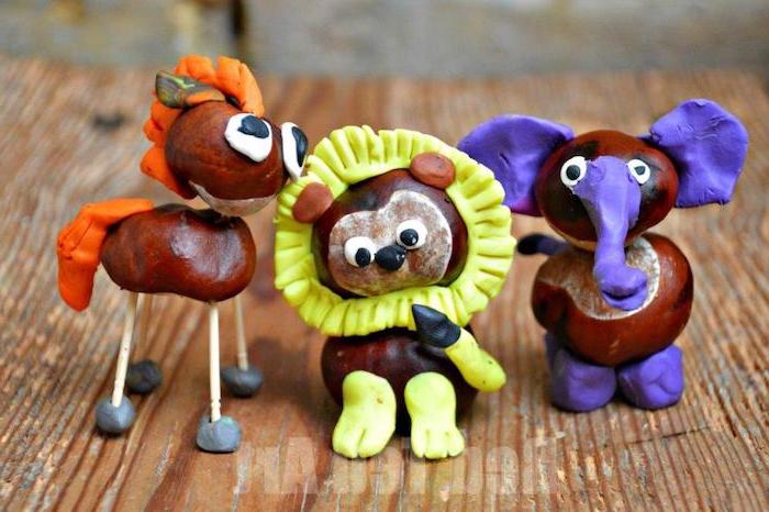des animaux fabriqués à partir de marrons et pate a modeler, activité manuelle maternelle automne simple