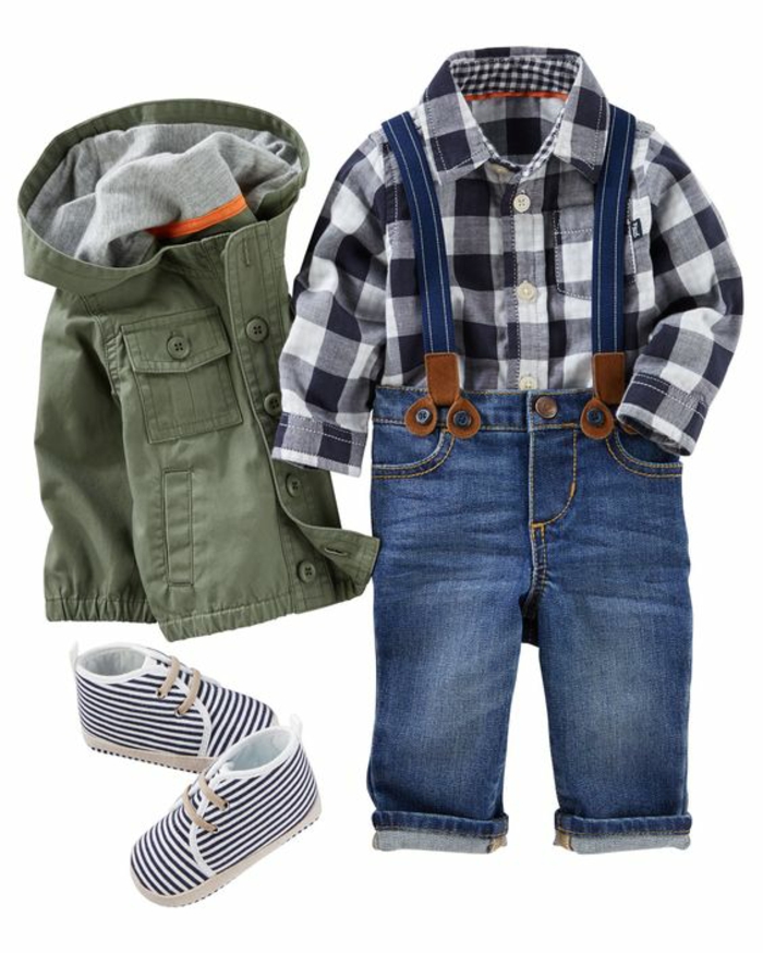 idee cadeau enfant vetements pour un petit gars jeans bleus anorak vert et des petites chaussures a rayures marines