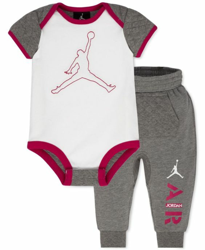 idee cadeau enfant Air Mike Jordan en gris et fuchsia avec body aux manches courtes au motif joueur de basket